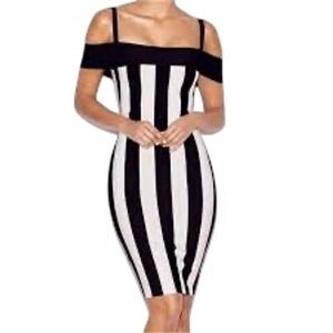 House of CB London Black‎ White Striped Tiff Bodycon Dress Small Off Shoulder